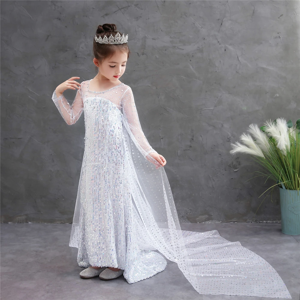 Платье Снежной Королевы 2 Эльзы для девочек белый блестящий карнавальный костюм