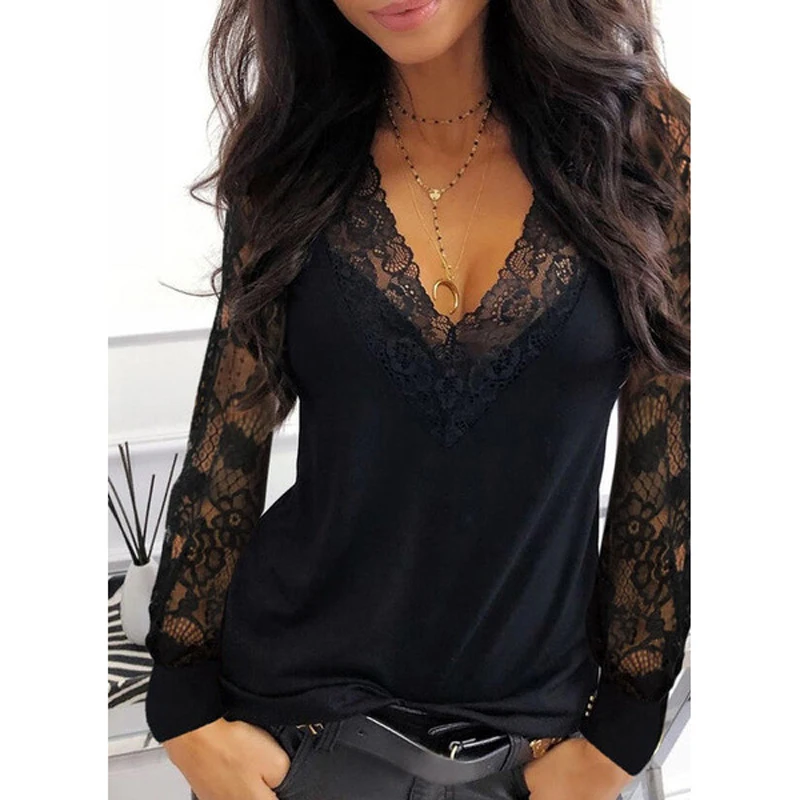 

2021 Casual Women Long Sleeve Shirt Solid Elegant Spring Lace Shirts Office Ladies Tops V Neck Women Tshirts Pullover Tops