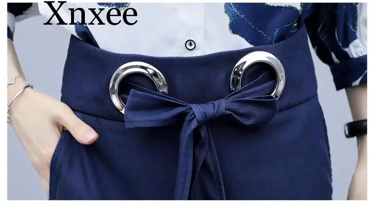 

blue Spring Summer Chiffon Women Suits 2 Two Piece Sets Blouse Top Wide Leg Pants Suit Elegant Office Ladies Outfits Pantsuit