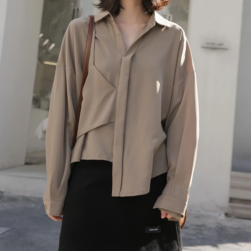 Mozuleva 2020 Spring New Women Elegant Chiffon Vintage Irregular V Neck Long Sleeve Shirt Solid Loose Blouse Tops | Женская одежда