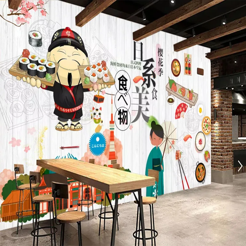 3D мультфильм обои японская кухня суши Ресторан белая деревянная доска