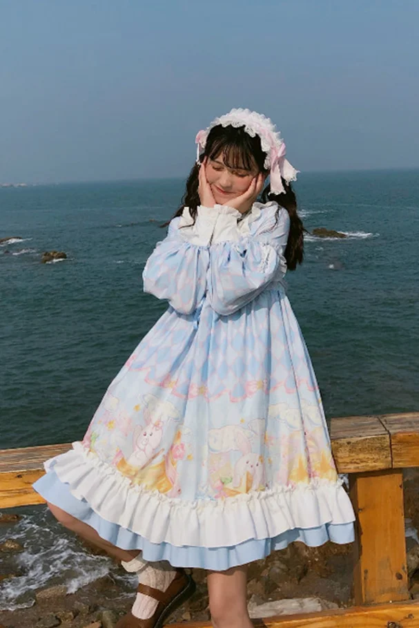 

lolita op princess loli printing cute girl Daily soft sister Bowknot Ruffle College style Loose waist palace Sweet Lolita dress