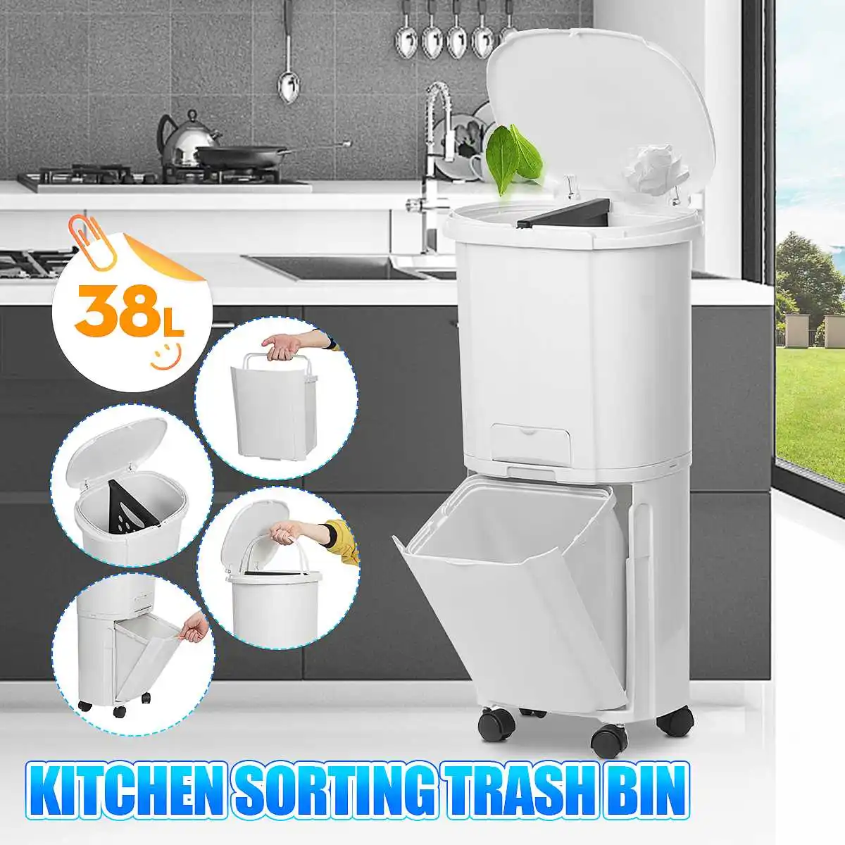 

38L Garbage Bucket Sorted Waste Bin With Wheel Plastic Kitchen Trash Can Corner Recycle Bin Press Open Storage Bucket Convenient