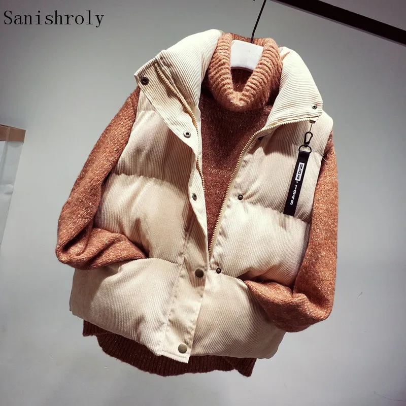 

Sanishroly Women Sleeveless Coat Autumn Winter Warm Thicken Cotton Waistcoat Jacket Lady Corduroy Vest Outwears Short Tops S1024