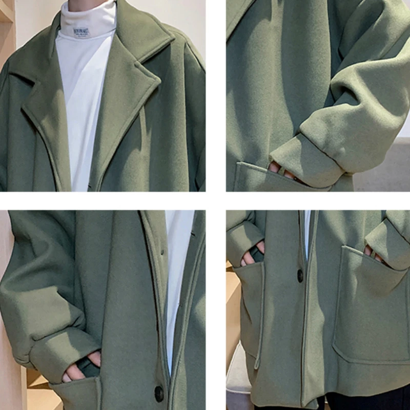 

Men Blends Long Sleeve Single Breasted Pockets Turn-down Collar 5 Colors Japanese Style Baggy Male Overcoats Simple Ins Harajuku