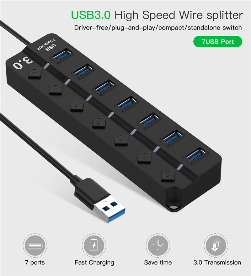 Фото USB 3,0 Hub 4 / 7 порт Супер Скоростной USB 3 концентратор данных с индивидуальными выключателями питания и EU/US/UK адаптер питания для MacBook ноутбука ПК №2