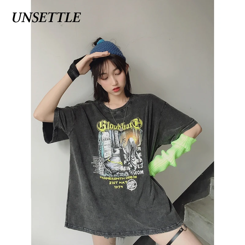 UNSETTLE Готическая футболка большого размера для мужчин/женщин хип-хоп модный принт