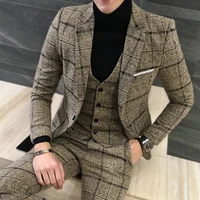 2019 spring new fashion gentleman mens plaid leisure suit jacket sets england simple groom 3 piece suit pants vest 5xl