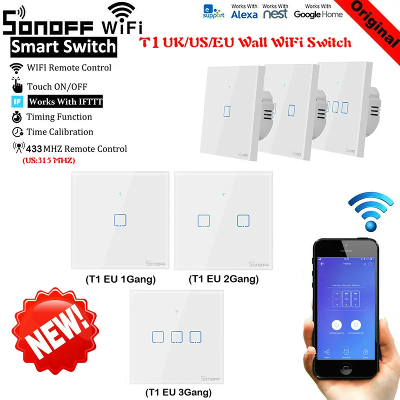 Интеллектуальный выключатель света SONOFF T1 T2 T3 TX EU/US/UK интеллектуальных домашних Wi
