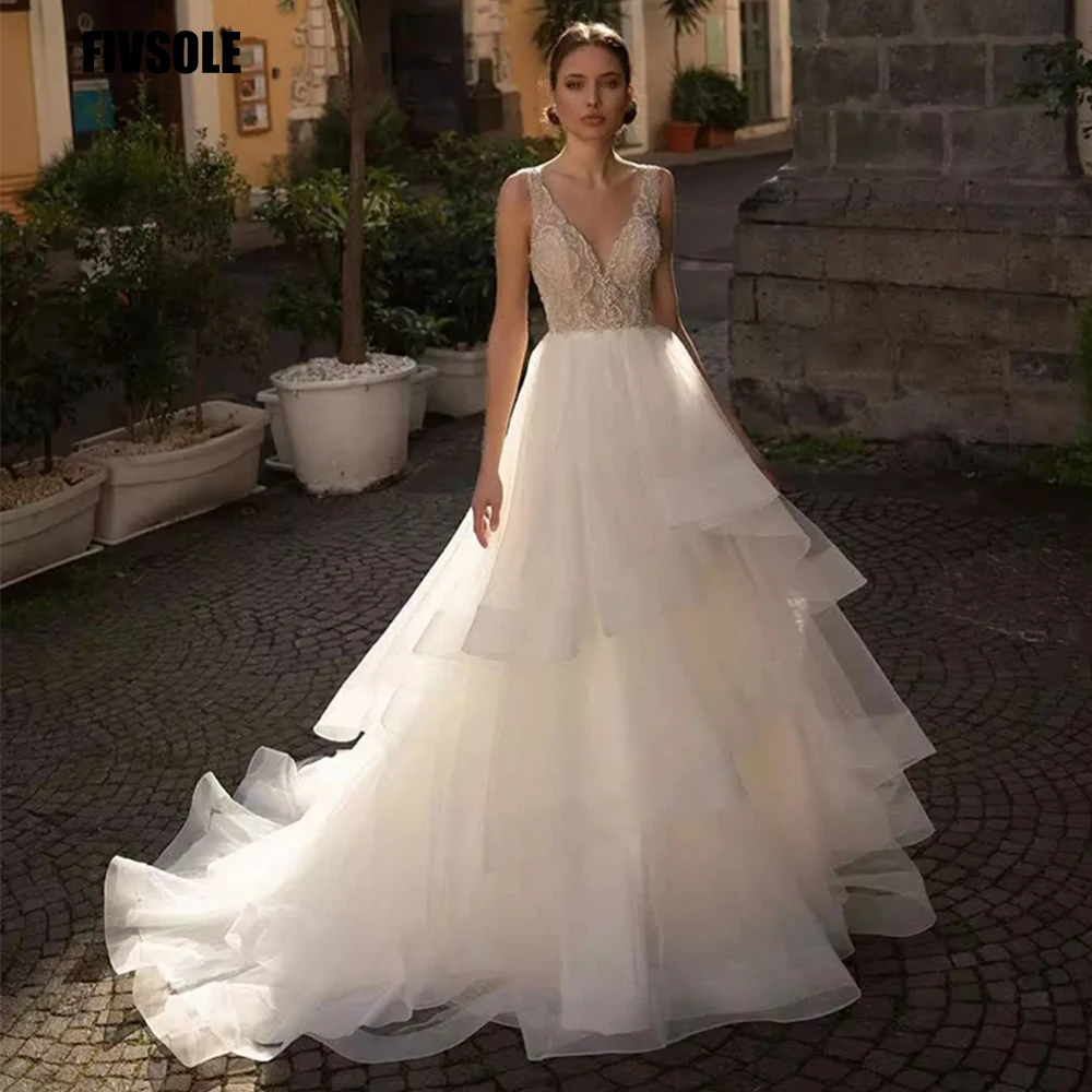 

Fivsole Plus Size Lace Beach Wedding Dresses Boho White Ivory Top Appliques Floor Length Vestido De Novia Bride Wedding Gowns