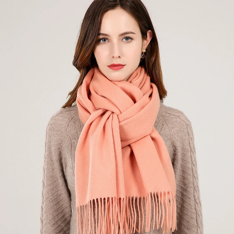 Женский шарф из 100% чистой шерсти зимний кашемировый для девушек однотонный с