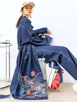 free shipping 2021 new fashion denim outerwear women long mid calf turn down collar trench with belt single breasted embroidery