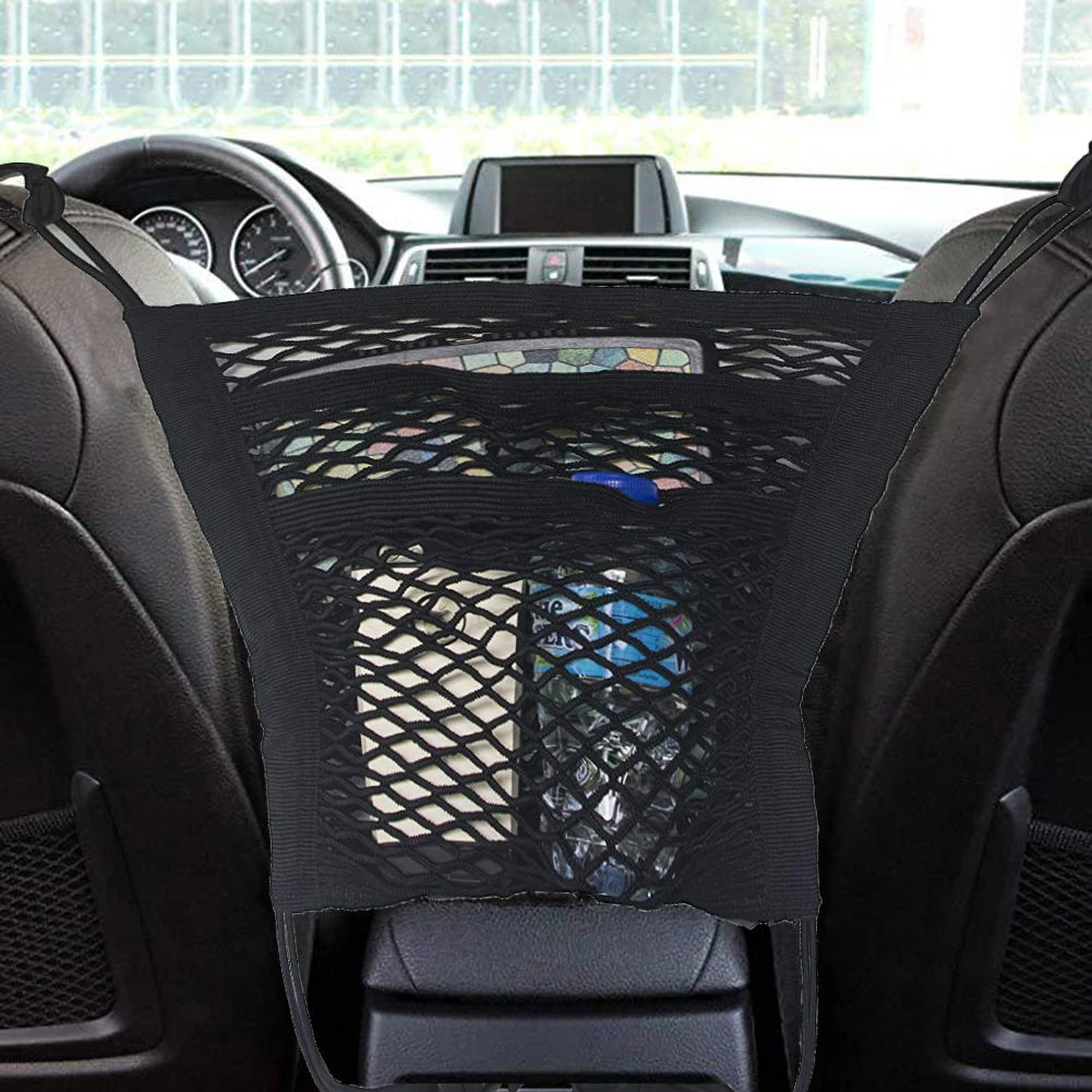 

3-Layer Car Mesh Organizer Seat Back Net Bag Barrier of Backseat Pet Kids Cargo Tissue Purse Holder Driver Storage Netting Pouch