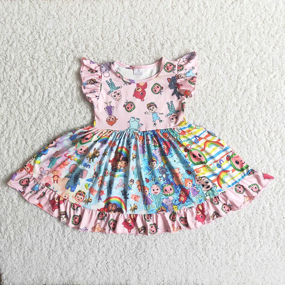 

Children New StyleStitching Frocks Baby Girls Cute Cartoon Twirl Dress Flying Sleeve Summer Ruffle Skirt