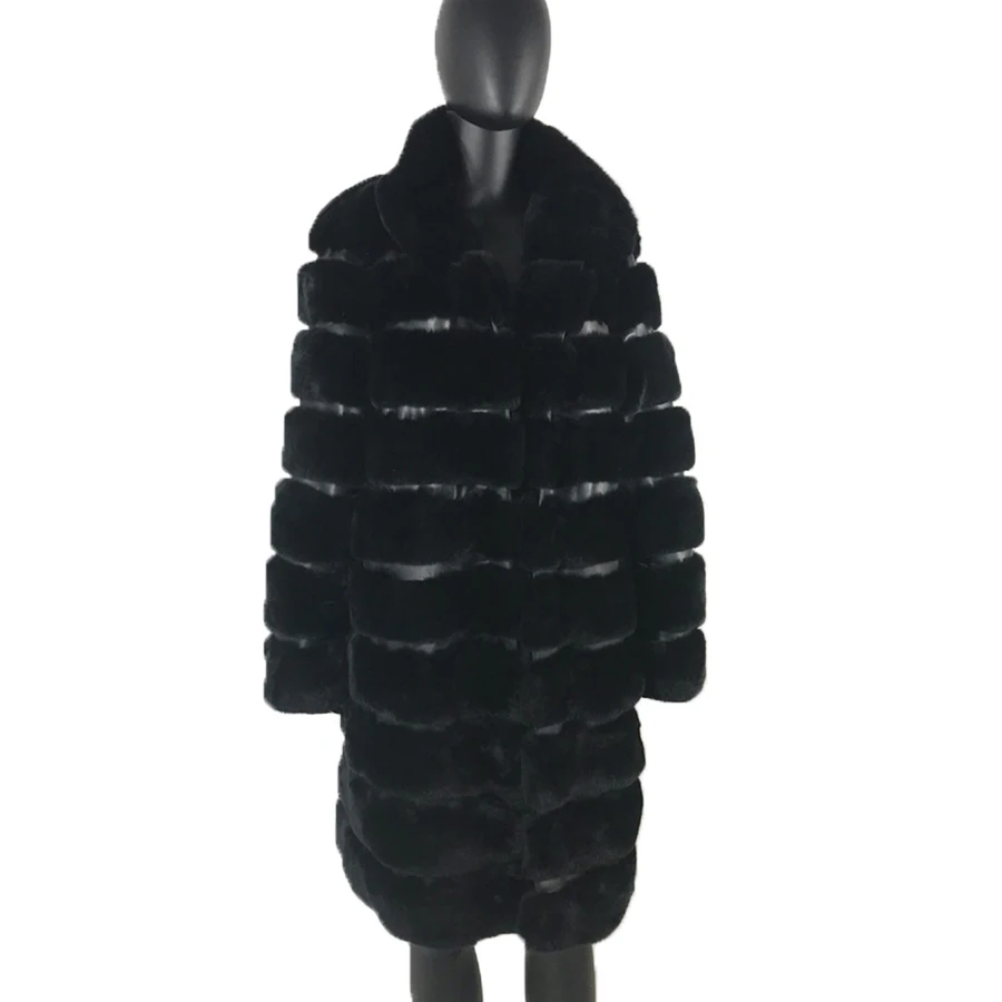 

Long Coat Female Jacket Natural Rex Rabbit Fur Outwear Winter Warm Fashion Overcoat Classic Collar Customize