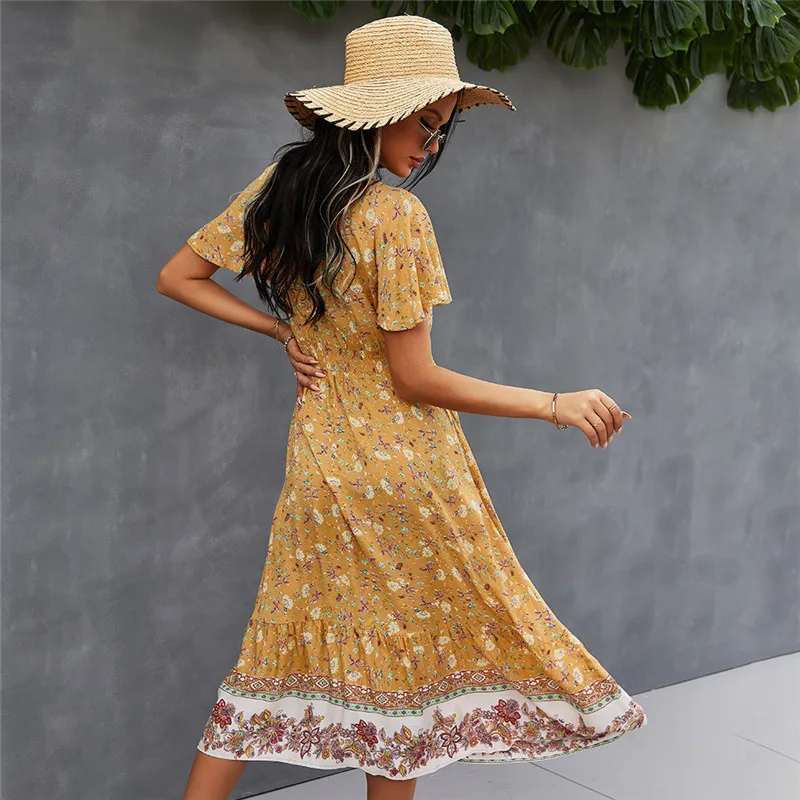

2021 Spring New Bohemian Floral Dress Women Casual V Neck Tassel Bandage Print Dress Ladies High Waist Summer Dresses
