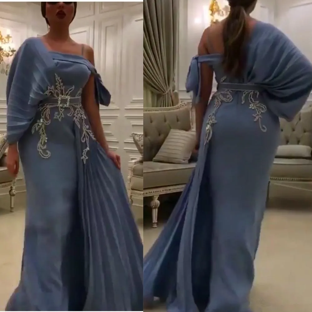 

Stunning One Shoulder Mermaid Prom Dresses Lace Appliques with Sashes Pleat Arabic Dubai Evening Gowns Plus Size Party Dress