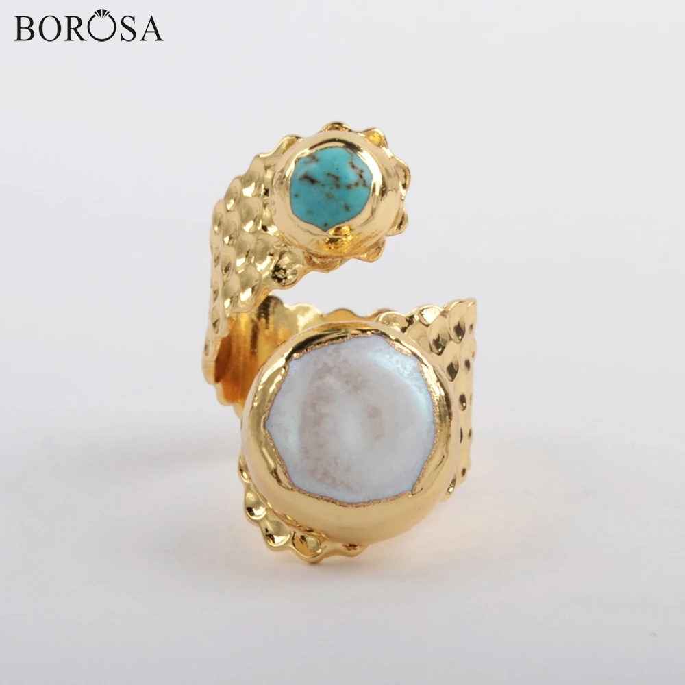 BOROSA 5 шт. позолоченный натуральный белый и черный натуральный шарф с жемчугом кольцо синий Howlite& Белый жемчуг битые кольца ювелирные изделия G1883