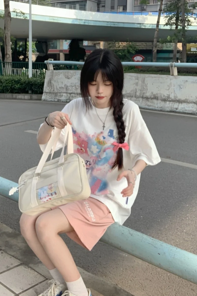 Женская Корейская футболка с мультяшным принтом свободная круглым вырезом