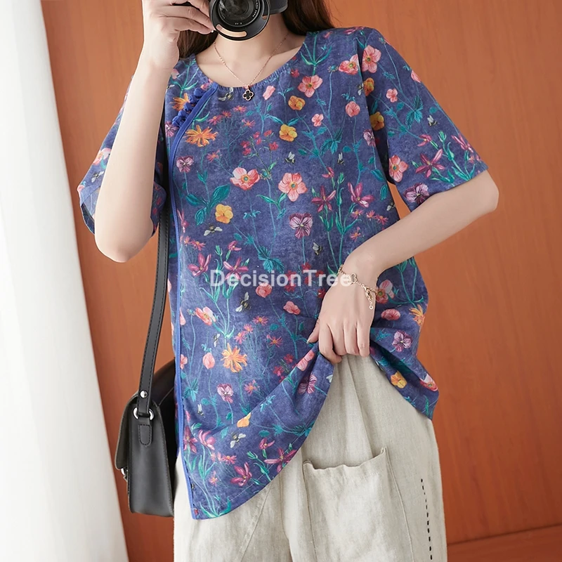 

Женская рубашка из 2021 хлопка и льна, традиционная китайская национальная одежда, свободные топы, Повседневная Блузка, женские шифоновые руб...