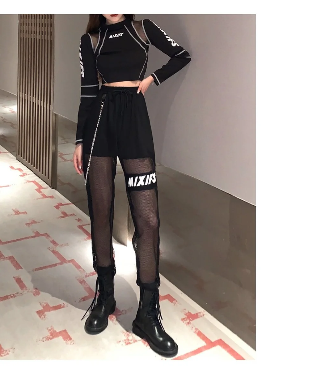 Женские пикантные Черные Сетчатые брюки карго уличная одежда в стиле Харадзюку