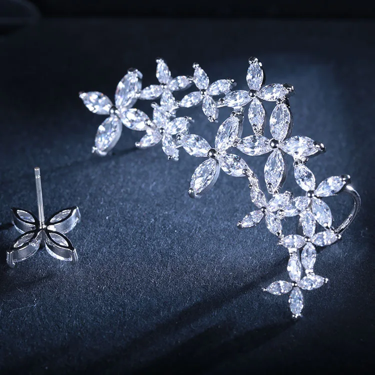 

High-end Inlaid Zircon Crystal Flower Exaggerated Asymmetrical Meteor Flower Leaf Earrings Celebrity Style Clip on Earrings