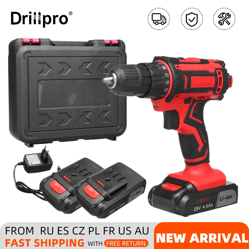 

Беспроводная электрическая дрель Drillpro, 2 скорости, 3 в 1, шуруповерт с крутящим моментом 25 + 1, беспроводные электроинструменты с 2 литиевыми ба...