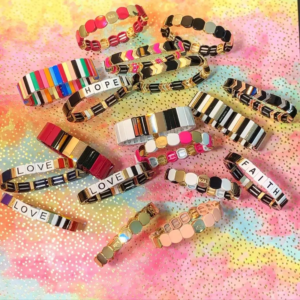 Романтическое письмо любовь ромб плитка браслет на эластичной веревке эмаль