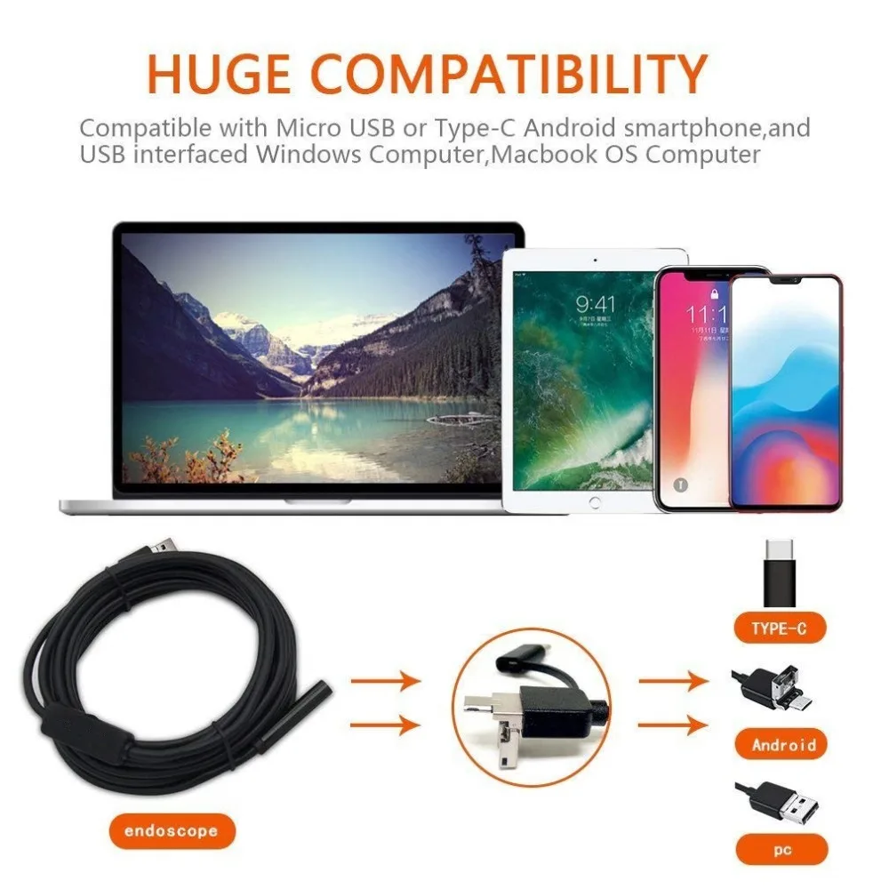 3 в 1 USB мини 8 мм объектив эндоскоп 2 м мягкий кабель бороскоп Инспекционная камера
