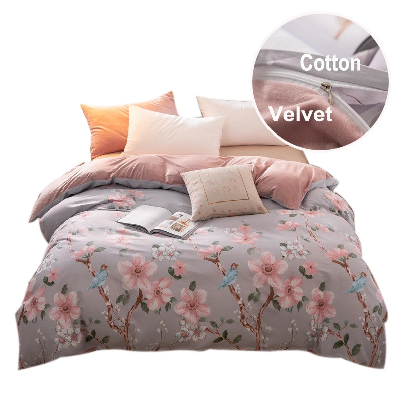 

Winter Warm Duvet Cover AB Version Floral Plant Pattern Comforter Case Double Side Different Fabric Cotton Velvet Duvet Covers