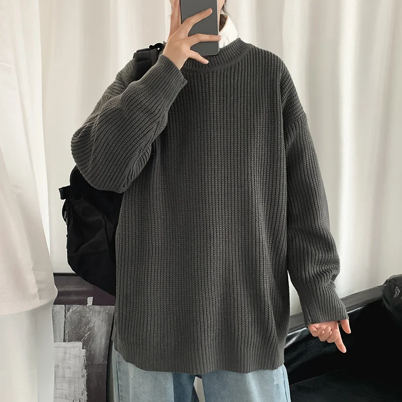 

Autumn Winter Solid Color O-neck Sweater Men Korean Fashion Loose Casual Sweater Men Harajuku Streetwear Striped Pullover Men