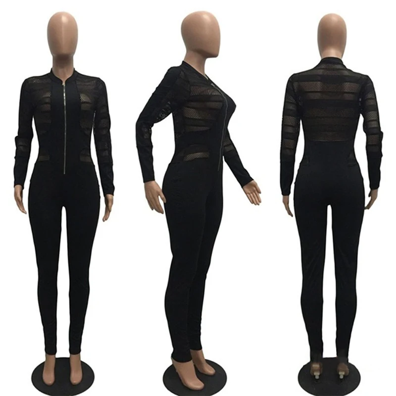 Black Sexy Bodycon Jumpsuit Romper Long Sleeve Bodysuit Women Zipper V Neck Jumpsuit Elegant Full Length Polyester 2020