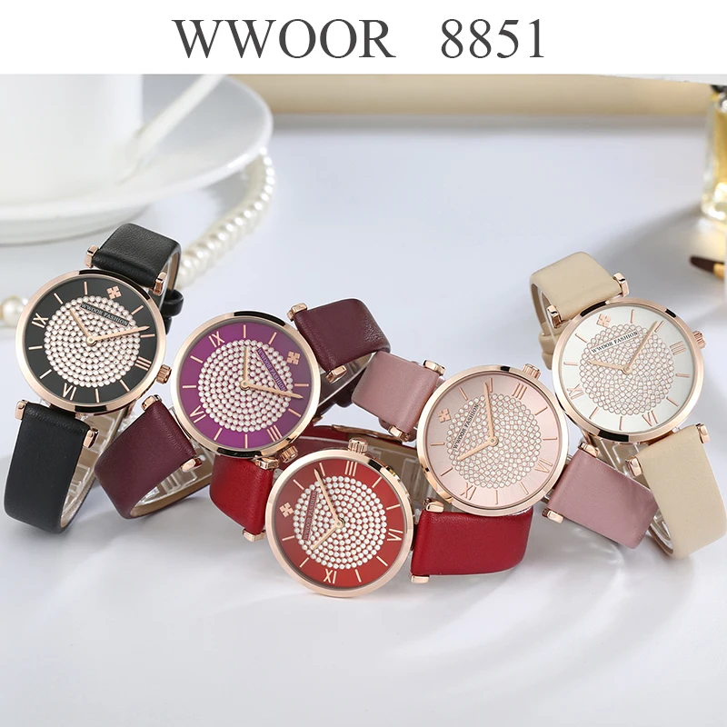 WWOOR Luxury Small Dial Women Watches Dress Diamond Wrist Watch For Women Red Leather Quartz Waterproof Clock Gift Female Watch