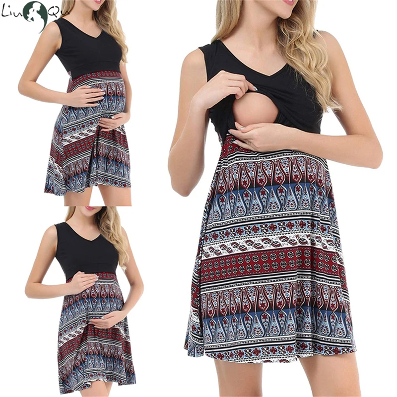 

LIU&QU Pregnant Dress Sleeveless V-Neck Print Maternity Dress Nursing Dress Spring And Summer Trendy Bohemian Slim Fit Dress
