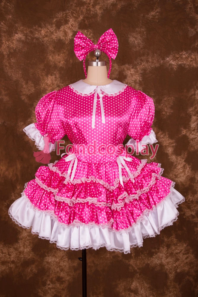 

fondcosplay adult sexy cross dressing sissy maid short Lockable Hot Pink Dots Circle Satin Lace Dress Costume Uniform[S006]
