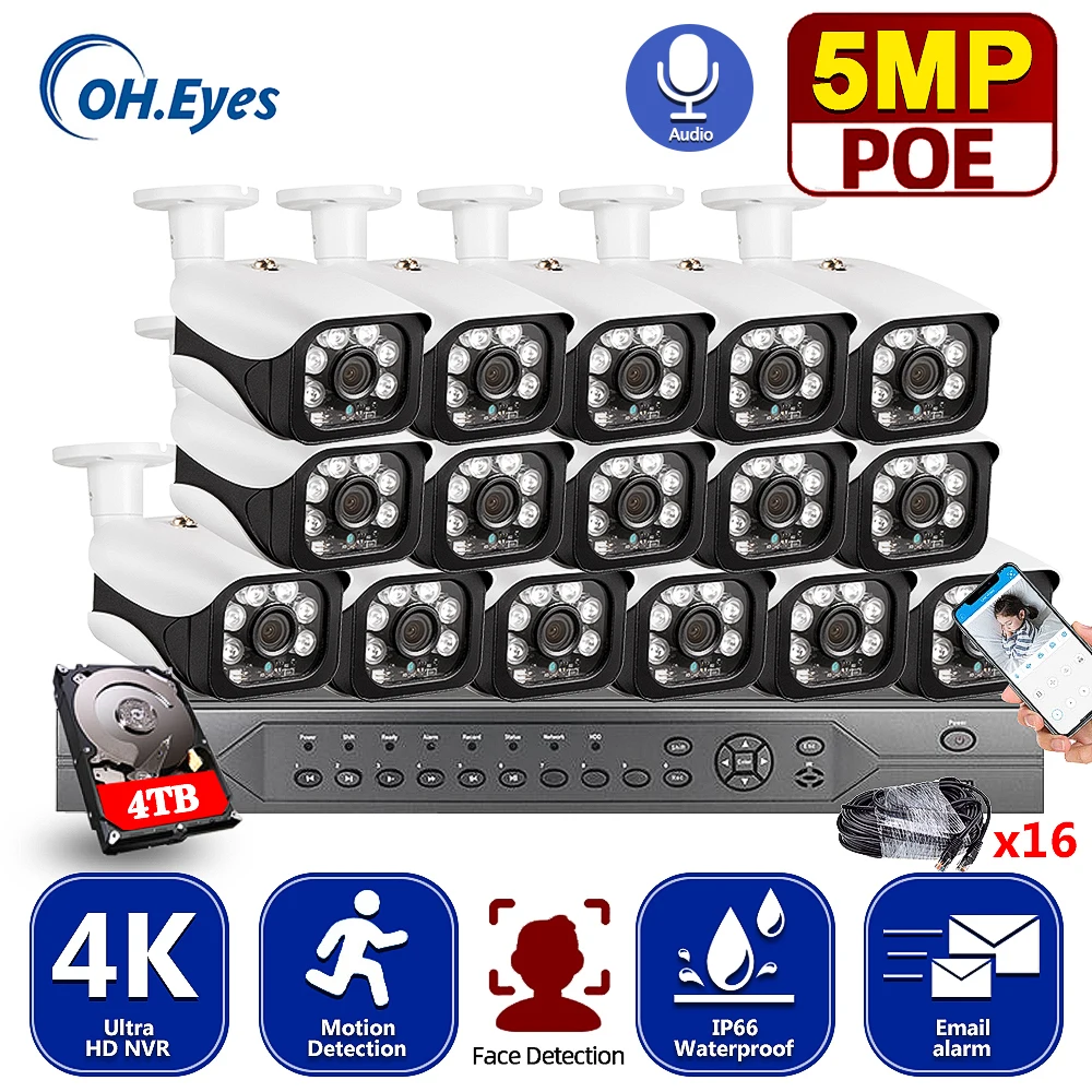 

H.265 16CH 4K 5MP Ultra HD 4K POE Security Camera System Audio Sound Record Outdoor IP Camera CCTV Video Surveillance NVR Set