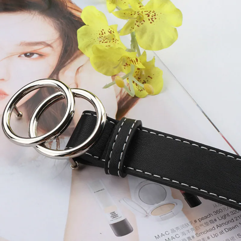 

2020 New Women Gold Black Silver Big Double Ring Circle Buckle Belt Waistband Female Ladies Wide Leather Straps Belts for Jeans