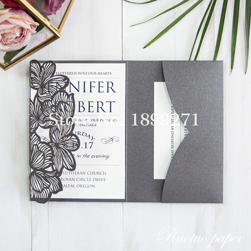 Образец горячей продажи уникальной красивой трехслойной визитной карточки с вырезом лазером в форме цветов, оптовые свадебные пригласительные карточки RC118-303.