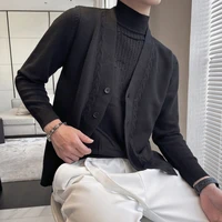 autumn winter fake two knitted cardigan turtleneck pullovers for mens solid long sleeve slim fit casual sweater male clothing