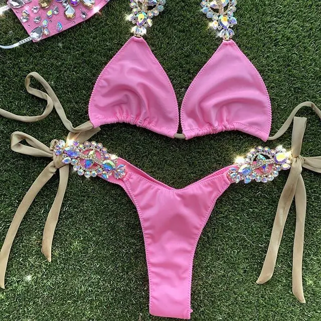 2021 Rhinestone Swimsuit Women Bikinis Crystal Diamond Bikini Set Metal Chain Swimwear female Luxury Aristocratic Swimming Suit