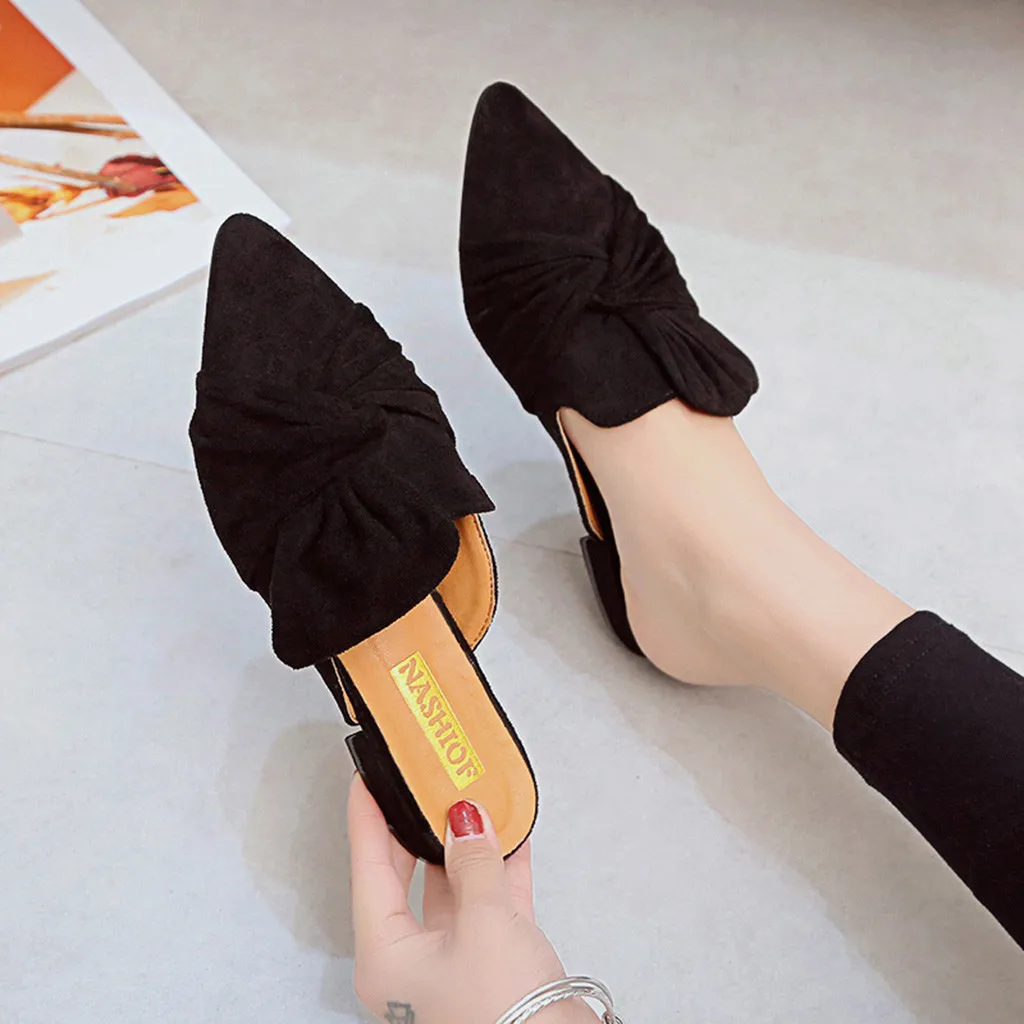 Туфли женские без каблука флоковые шлепанцы заостренный носок бант низкий