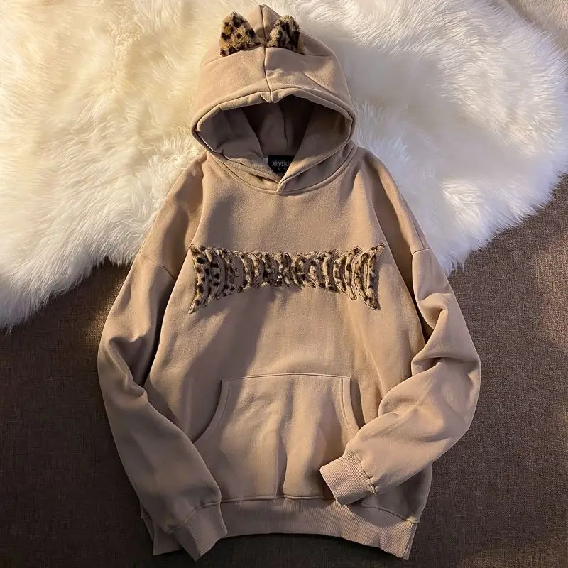 

Winter Leopard Flocking 2021 New Velvet Padded Ins Hooded Men Women Loose Couple Korean Coat