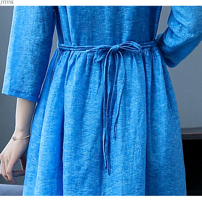 

Autumn Summer Vintage Blue Dress Women Cotton Linen Midi Dresses 2021 Plus Size SCasual Dress Women Elegant Party Vestidos
