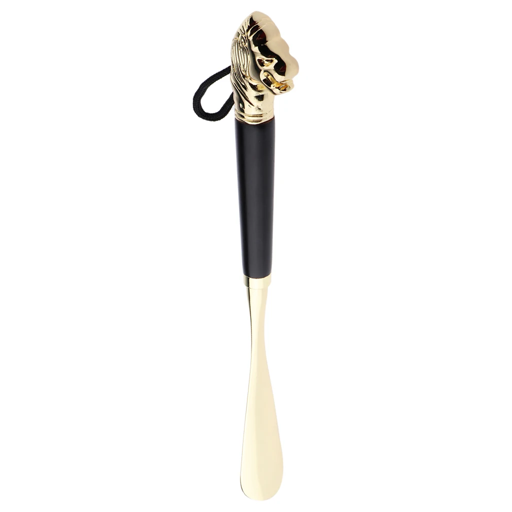Flexible Stylish Golden Metal Black Wooden Handle Shoe Horn Lion Head Spoon Shoehorn 32 cm