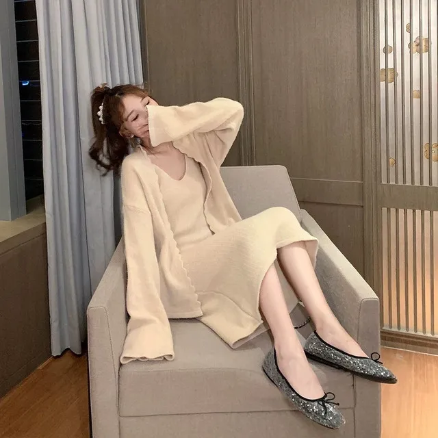 Женский кашемировый свитер трикотажный длинный кардиган комплект из двух