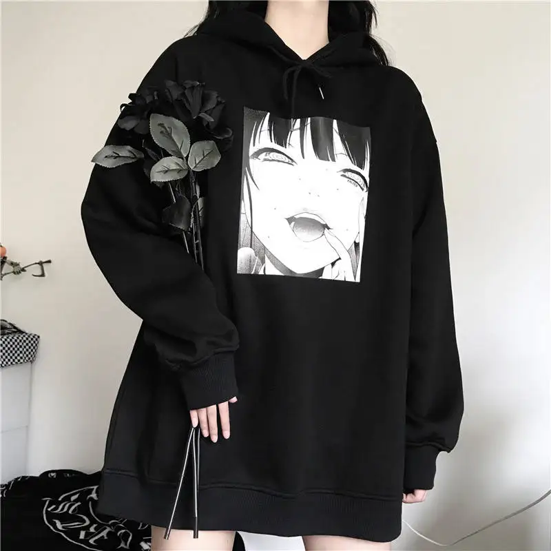 

Black Harajuku Hoodie Girls Tops Cool Oversized Sweatshirt Females Japan Ulzzang Tops Females Fashion Punk Hoodie Streetwear
