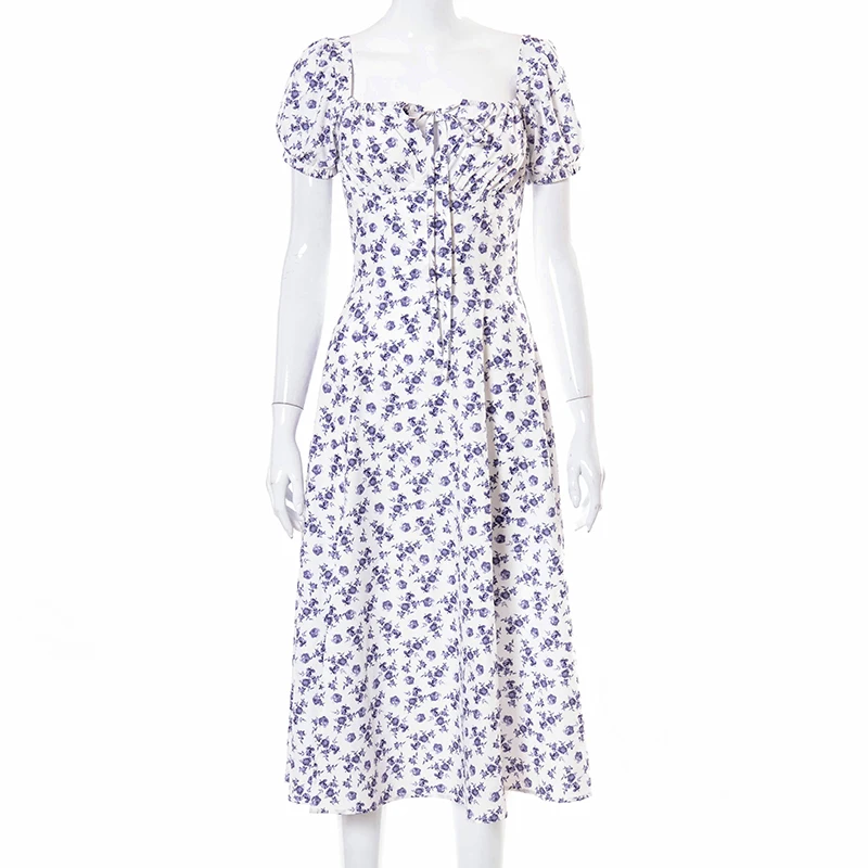 

Girlchic Temperament Fashion Slim Floral Printed Side Split Long Dresses Square Collar Puff Sleeve Lace Up Shirring Women Dress