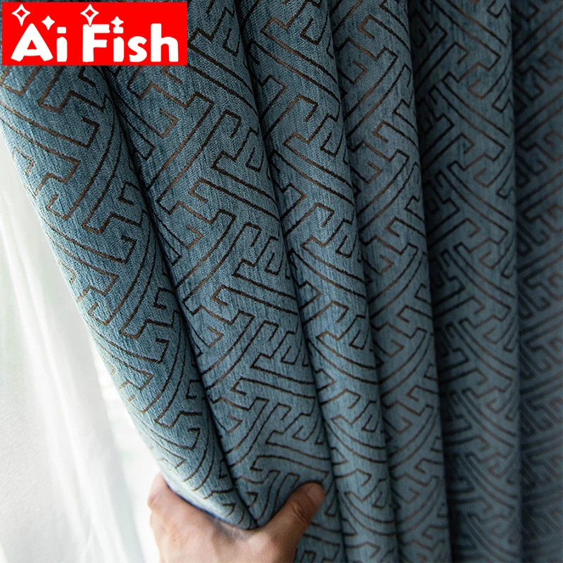 

Modern Dark Blue Geometry Chenille Jacquard Thicker Blackout Curtain Fabric For Bedroom Thermal Sunshade Window Curtains M131#5
