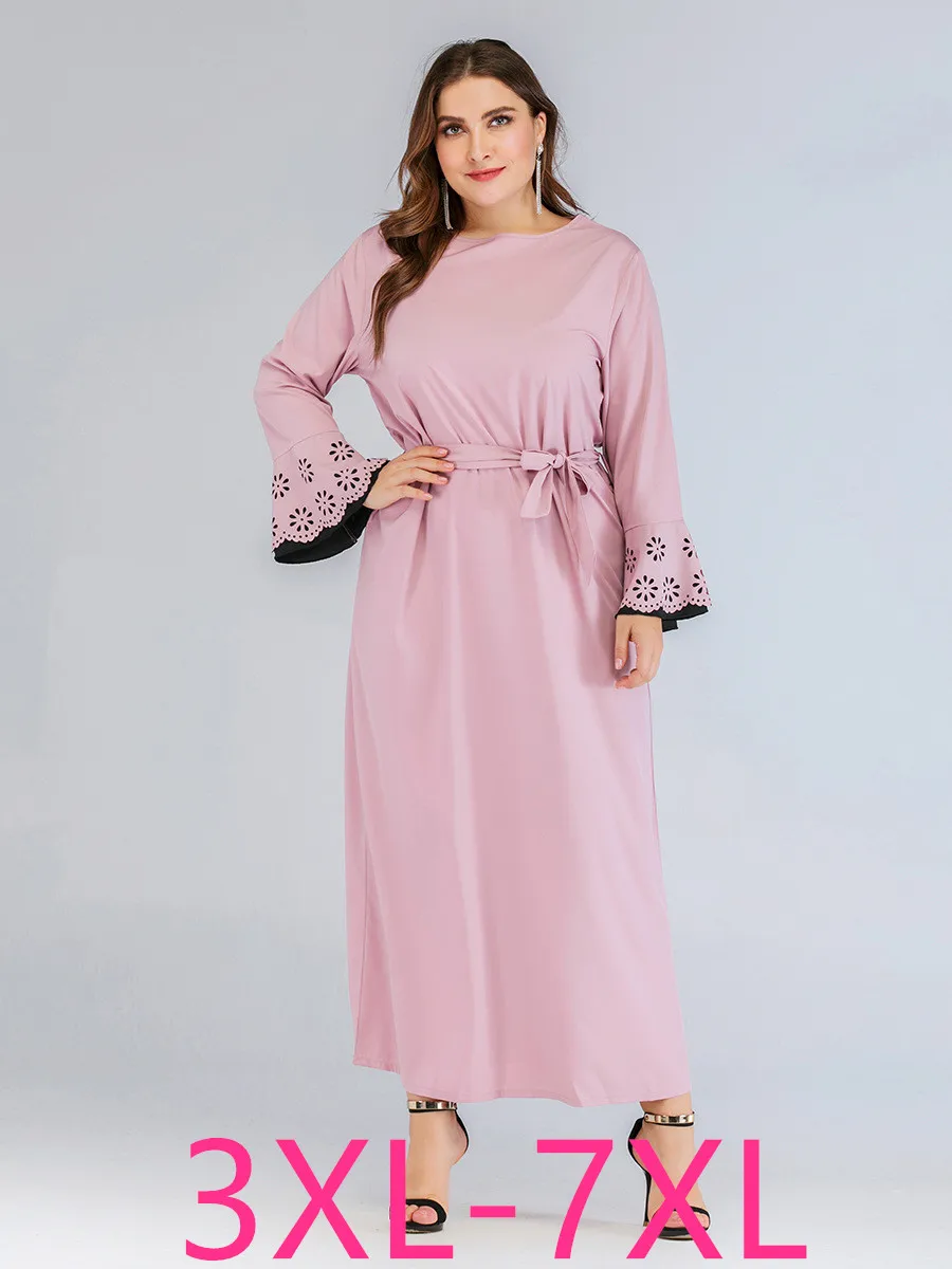 New spring autumn plus size long dress for women large loose casual sleeve elegant O neck dresses belt pink 4XL 5XL 6XL 7XL | Женская
