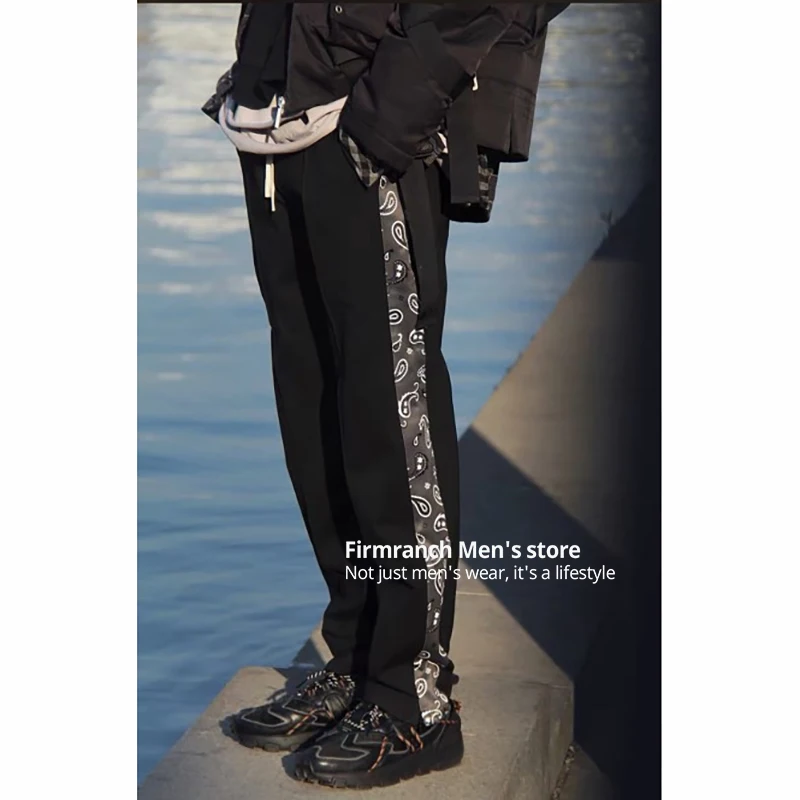

Firmranch New Black Sportpants With Paisley Splicing For Men/Women Comfortable Zip Up at Bottom Glossy Sweatpants Long Slacks